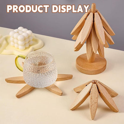 ✨Natural Tree Trivet Set - 4 Wooden Trivets & 1 Stand Like a Christmas Tree